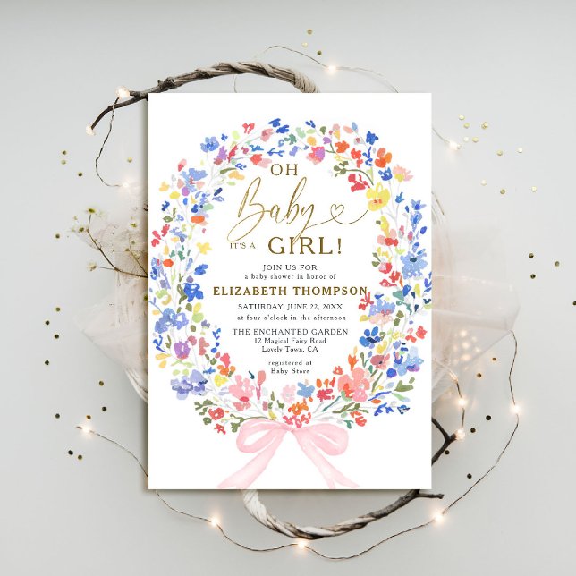 Wildblommor Garden Rosa Bow Oh Flicka Shower Inbjudningar (wildflowers pink bow baby girl shower invitation garden backyard rustic barn meadow spring summer)