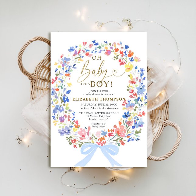 Wildblommor Garden Rosa Bow Oh Pojke Shower Inbjudningar (wildflowers blue bow baby boy shower invitation garden backyard rustic barn meadow spring summer)