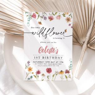Wildblommor Girls 1:a födelsedag Party Söt Blommig Inbjudningar