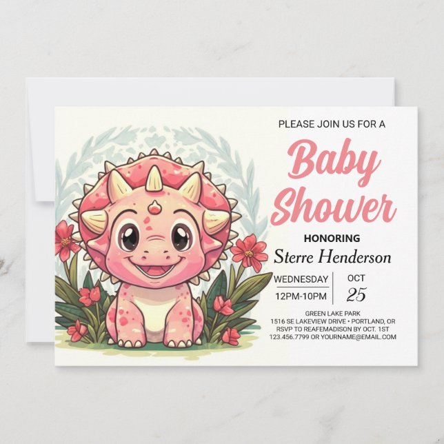 Wildblommor Girly Dinosaur Girl Baby Shower Inbjudningar (Framsida)