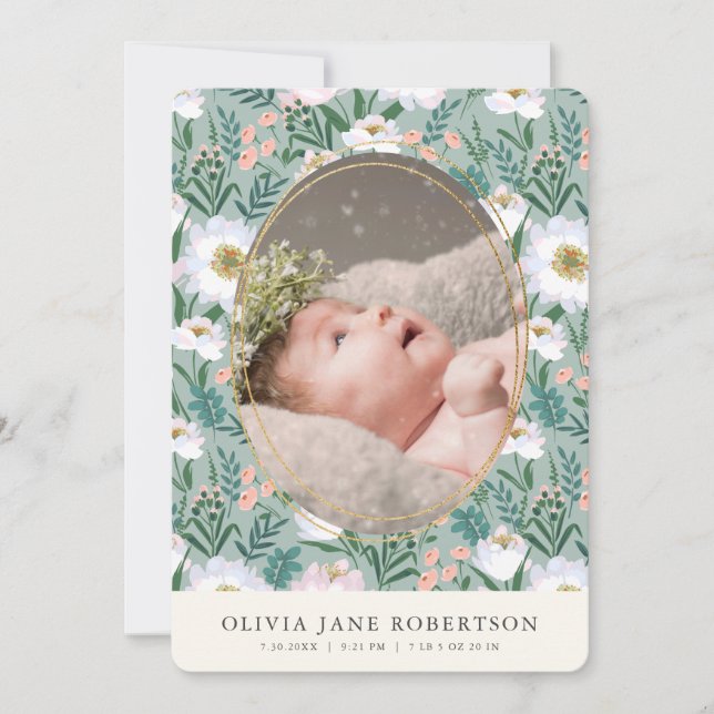 Wildblommor Grönt Girl Photo Birth Announcement Inbjudningar (Framsida)