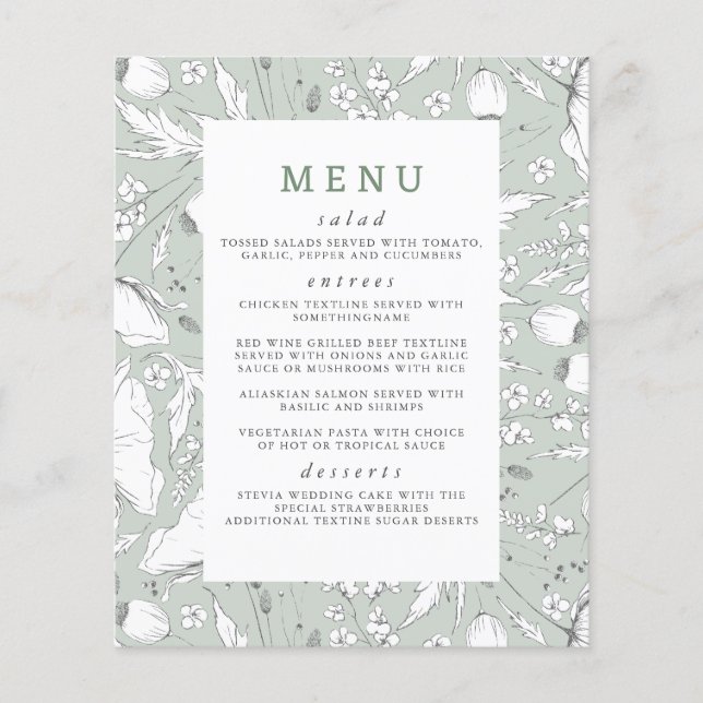 Wildblommor Handdragen Elegant Sage Bröllop Menu Flygblad (Framsidan)