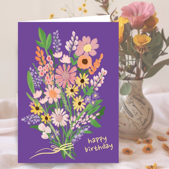 Wildblommor Handmålat Gouache Grattis på födelseda Kort (Wildflowers Handpainted Gouache Painting custom Happy Birthday Card
)