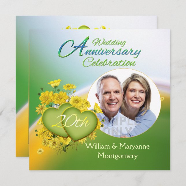 Wildblommor Hearts 20-årsjubiléet Party Photo Inbjudningar (Fram/baksida)