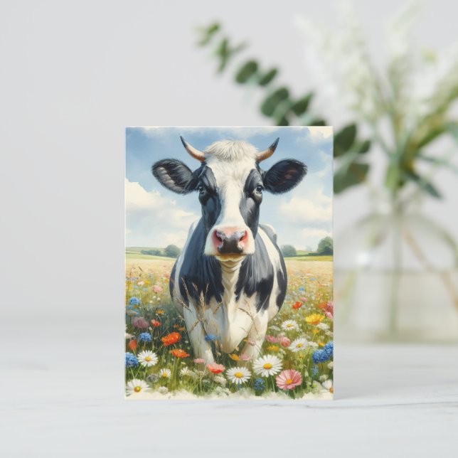 Wildblommor Holstein Dairy Cow Vykort (Stående Fram)