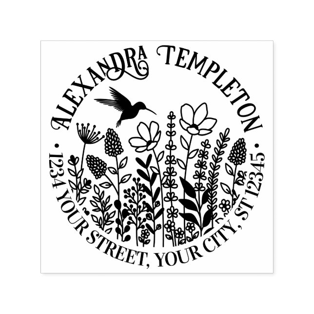 Wildblommor & Hummingbird Namn Returadress #1P Självfärgande Stämpel (Design)