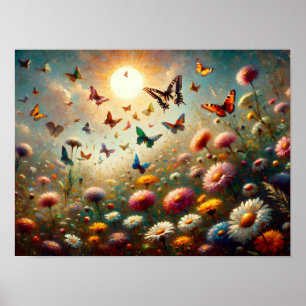 Wildblommor i Bloom, omringad av Butterflies Poster