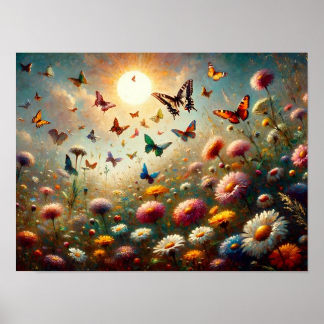 Wildblommor i Bloom, omringad av Butterflies Poster (Framsidan)