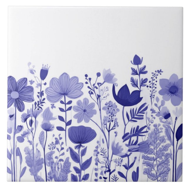 Wildblommor - Indigo Blue and White Blommigt Flowe Kakelplatta (Framsidan)
