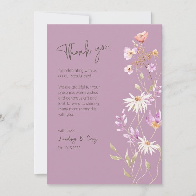 Wildblommor Lavendar - tackkort för Bröllop Tack Kort (Framsida)