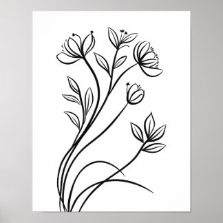 Wildblommor Line Art Black and White Botanical Poster