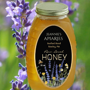 Wildblommor Local Raw Honung Label Bee Black Guld Ovalt Klistermärke