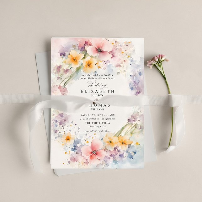 Wildblommor Lycklig Garden Modern Elegant bröllop Inbjudningar (wildflower wedding theme invitation watercolor happy meadow modern classic elegant spring summer)
