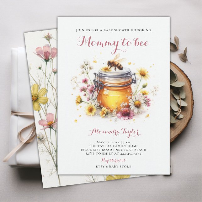 Wildblommor Mamma till Bee Honung Flicka Shower Inbjudningar (mommy to bee baby girl shower invitation watercolor illustration cute adorable whimsical wildflowers)