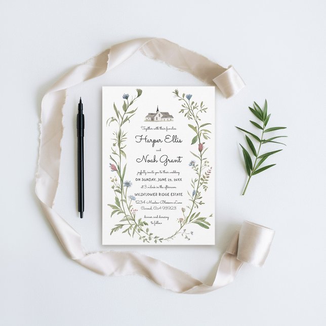 Wildblommor Manor Hand-skriftlig Modern Chic Bröll Inbjudningar (wildflowers wedding invitation hand-written manor floral frame modern garden outdoors chic)