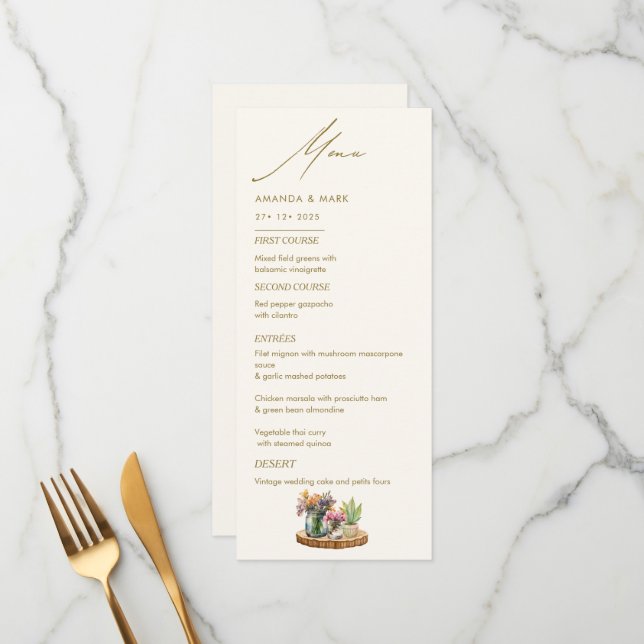 Wildblommor Mason Burk Boho bohemian Bröllop Meny (Fram/Back In Situ)