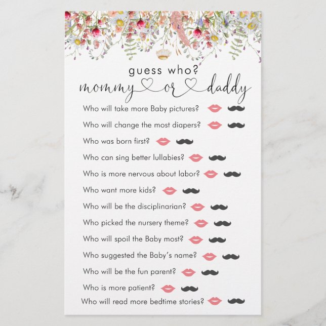 Wildblommor Meadow Baby Shower "Gissa vem" Game (Framsida)