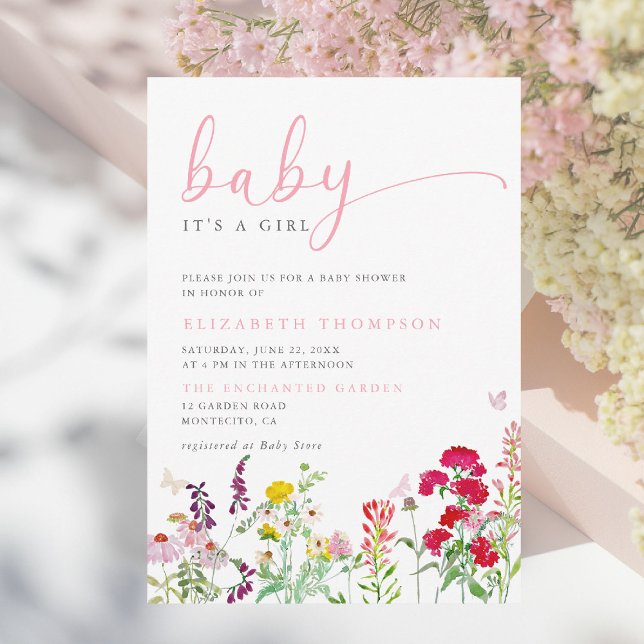 Wildblommor Meadow Sunny Blommigt Girl Baby Shower Inbjudningar (wildflowers baby girl shower invitation colorful floral elegant modern calligraphy garden party)