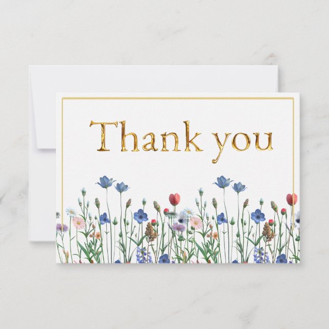 Wildblommor med Elegant Guld Script Tack Kort (Framsida)