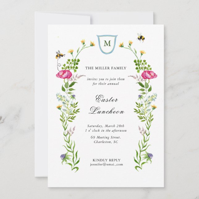 Wildblommor med monogram Påsk Luncheon Meddelande (Framsida)