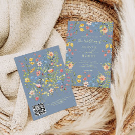 Wildblommor Modern Dusty Blue QR Code Bröllop Inbjudningar