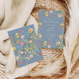Wildblommor Modern Elegant Dusty Blue Bröllop Inbjudningar