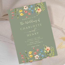 Wildblommor Modern Elegant Rustic Sage Bröllop Inbjudningar
