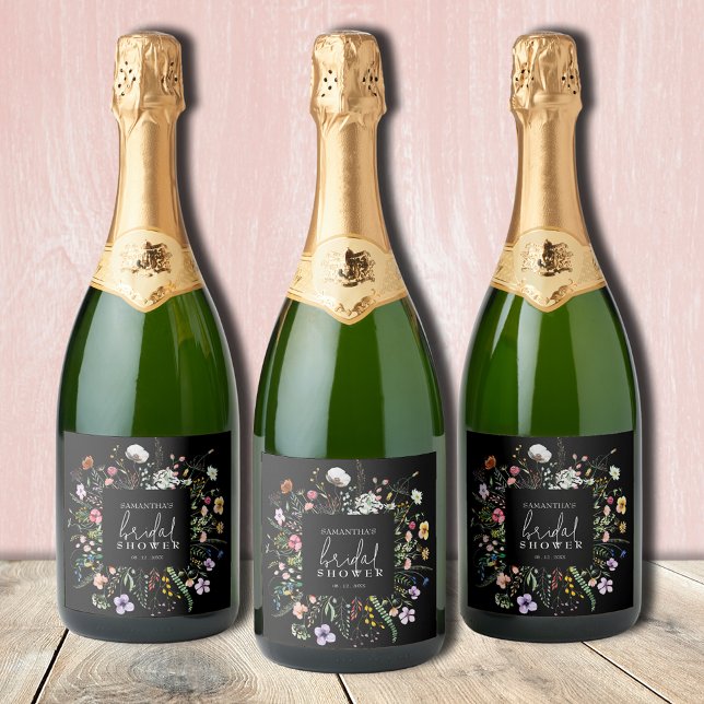 Wildblommor Möhippa Black (Wildflowers bridal shower personalized black champagne bottle labels)
