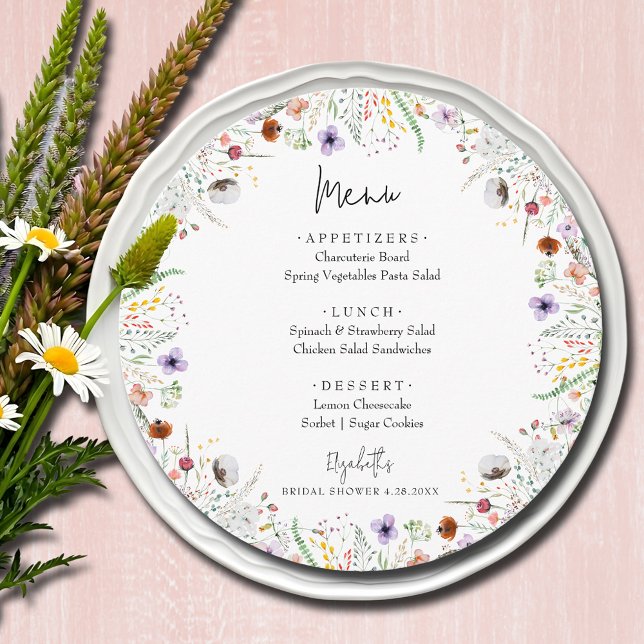 Wildblommor Möhippa Menu Meny (Wildflowers bridal shower round menu cards)