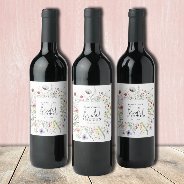 Wildblommor Möhippa Vinflaska Etikett (Wildflowers bridal shower personalized wine bottle labels)