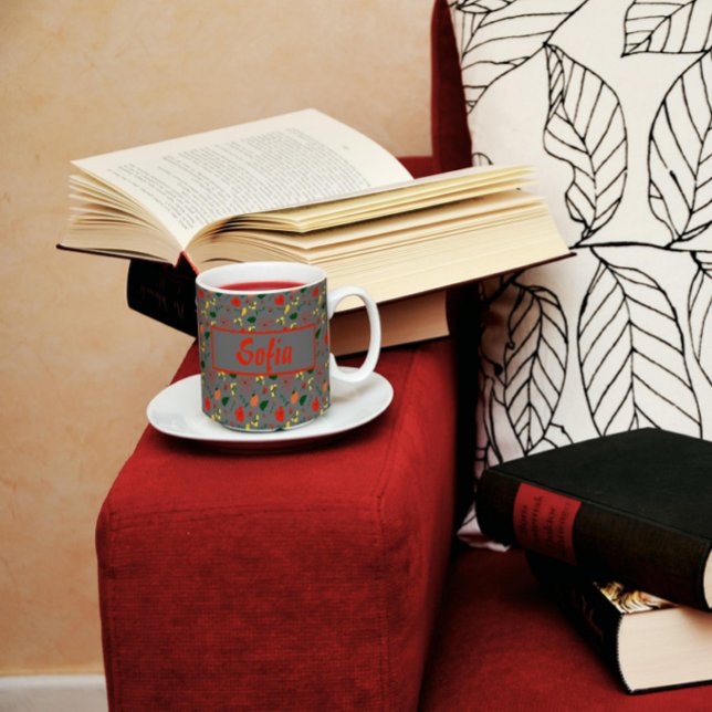 Wildblommor mönster rödvallmo grått kaffemugg (Skapare uppladdad)