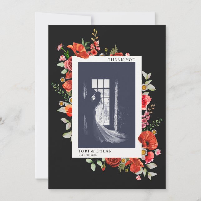Wildblommor Mörk Bröllop Photo Tack Kort (Framsida)