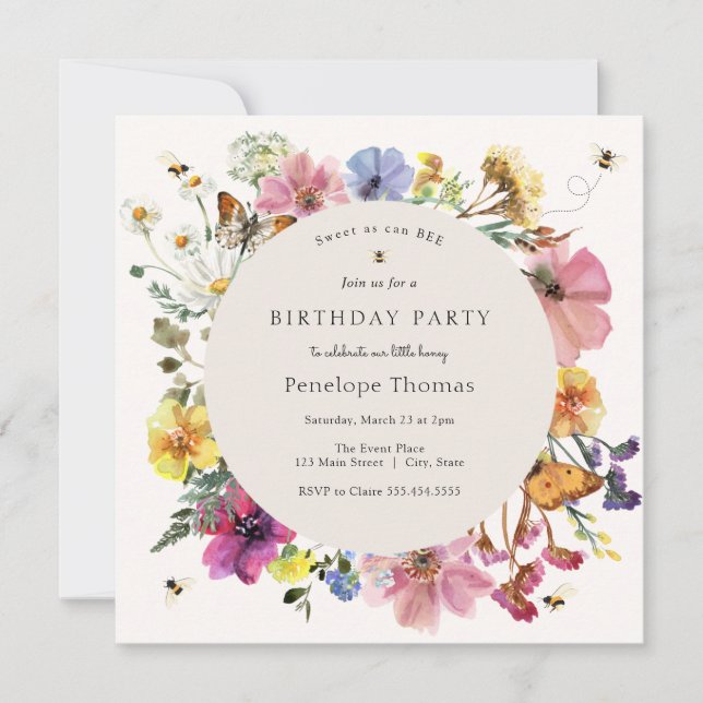Wildblommor och bin Little honey Birthday Inbjudningar (Framsida)