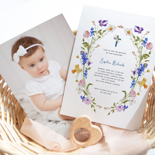 Wildblommor och Butterflies | Fotobakbaptism Inbjudningar (Skapare uppladdad)