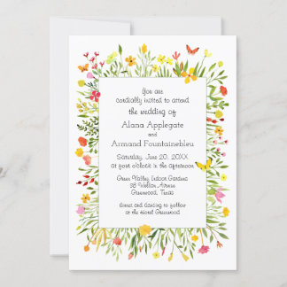 Wildblommor och Butterflies Watercolor Bröllop Inbjudningar