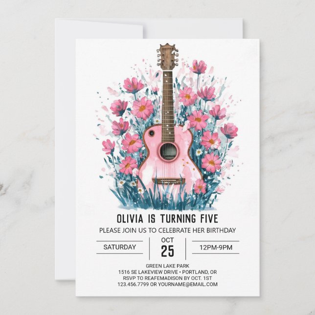 Wildblommor och Chords Guitar Birthday Inbjudningar (Framsida)
