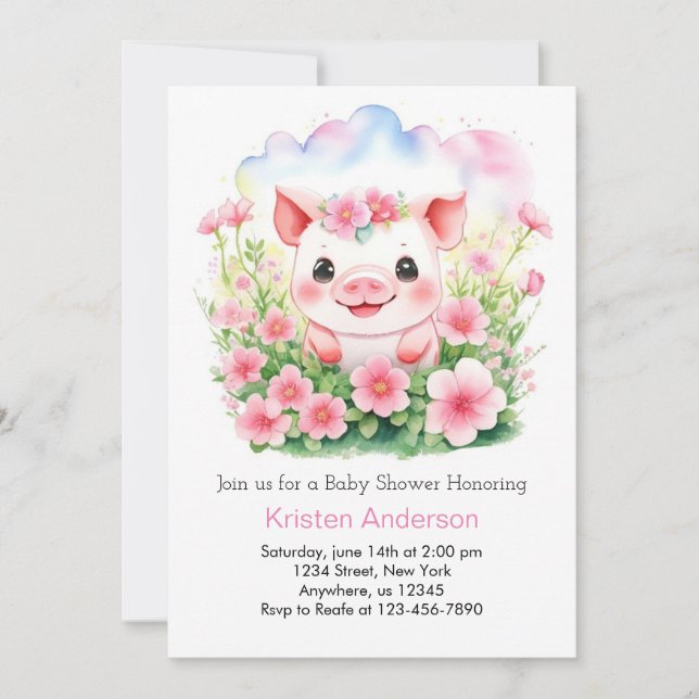 Wildblommor och Cute Rosa Piglet Girl Baby Shower Inbjudningar (Framsida)