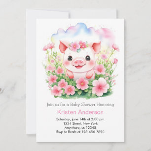 Wildblommor och Cute Rosa Piglet Girl Baby Shower Inbjudningar