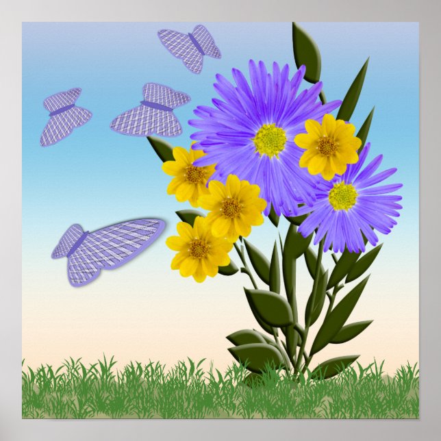 Wildblommor och Gingham Butterflies Poster (Framsidan)