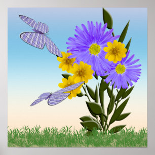 Wildblommor och Gingham Butterflies Poster