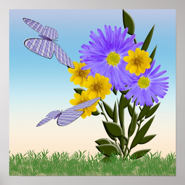Wildblommor och Gingham Butterflies Poster (Framsidan)