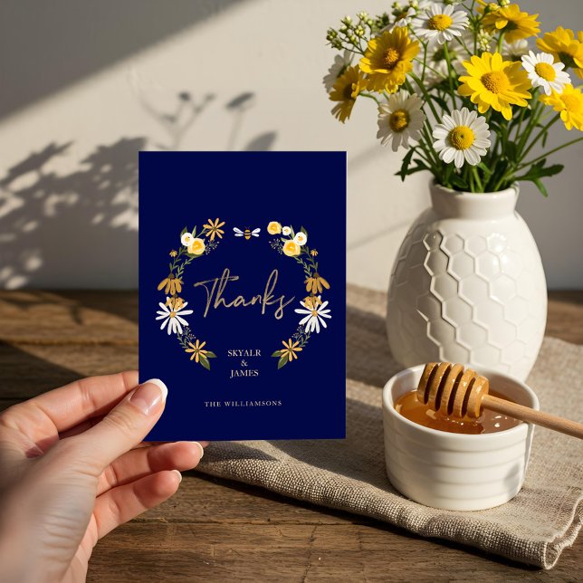 Wildblommor och honungsbin Blommigt Tack Kort (Wildflowers & Honey Bee Floral Wreath Thank You)
