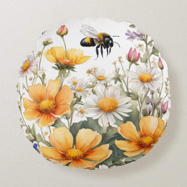 Wildblommor och honungsbin Watercolor Rund Kudde (Framsidan)