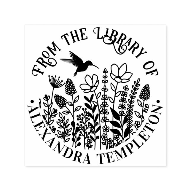 Wildblommor och Hummingbird Bibliotek Bok Namn #1P Självfärgande Stämpel (Design)