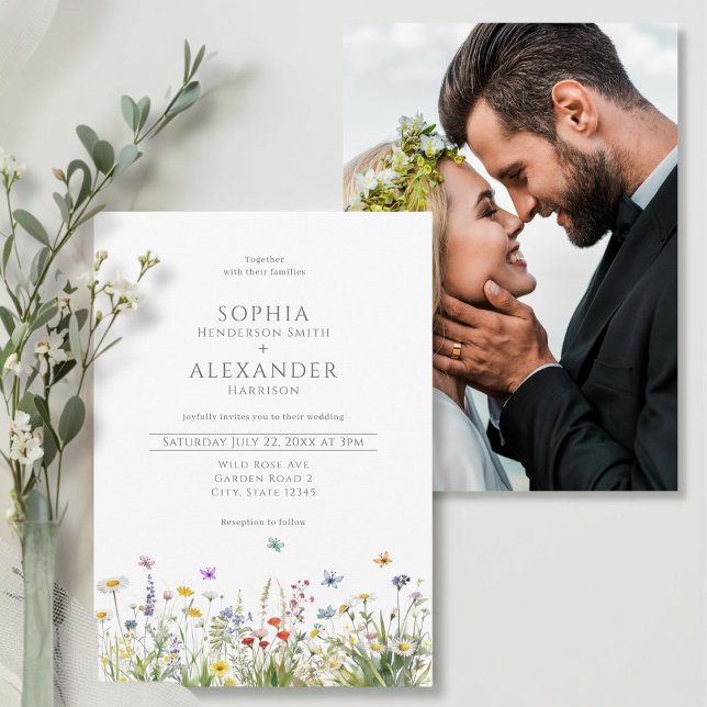 Wildblommor och Photo Bröllop Inbjudningar (Wildflower and Photo Wedding  Invitation - front and back)