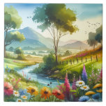 Wildblommor och Stream i Vår Valley Kakelplatta<br><div class="desc">En pulserande vårtiddal brinner med färg i detta sceniska vattenfärgslandskap, där blommande vilda blommor dansar längs en lindningsström under högt träd och mjukt gyllene ljus. Rullande backe och avlägsna berg bleknar försiktigt in i bakgrunden och framkallar den tysta glädjen i landskapsmorgnarna. Fintvätt av blommigt och painterlyt struktur ger en känsla...</div>
