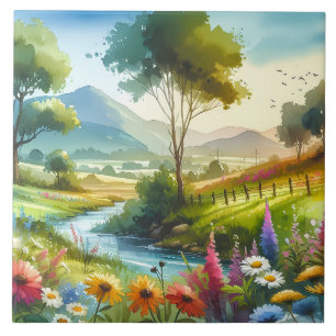 Wildblommor och Stream i Vår Valley Kakelplatta