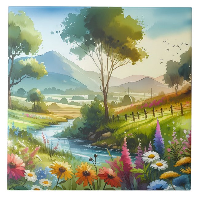 Wildblommor och Stream i Vår Valley Kakelplatta (Framsidan)