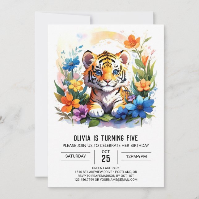 Wildblommor och Tiger Boy Birthday Inbjudningar (Framsida)