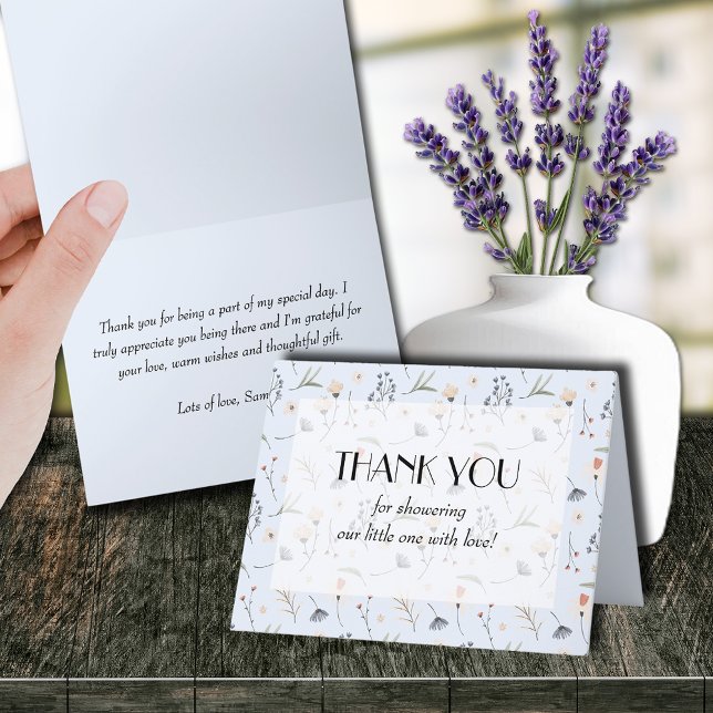 Wildblommor på Blue Boy Baby Shower Tack Kort (Wildflowers on Blue Boy Baby Shower Folded Thank You Cards (leave inside blank to handwrite notes))
